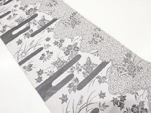 ヱ霞に菊・秋草・紗綾型模様織り出し　開き名古屋帯（額縁仕立て）